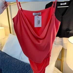 She + Sky Coral Draped Cowl Neck Sleeveless Bodysuit